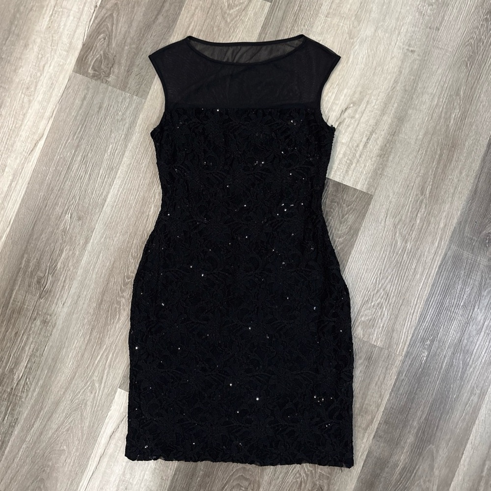 Lauren Ralph Lauren Black Sequin Lace Dress/ Sheer Top Sheath Fitted Stretch-8-